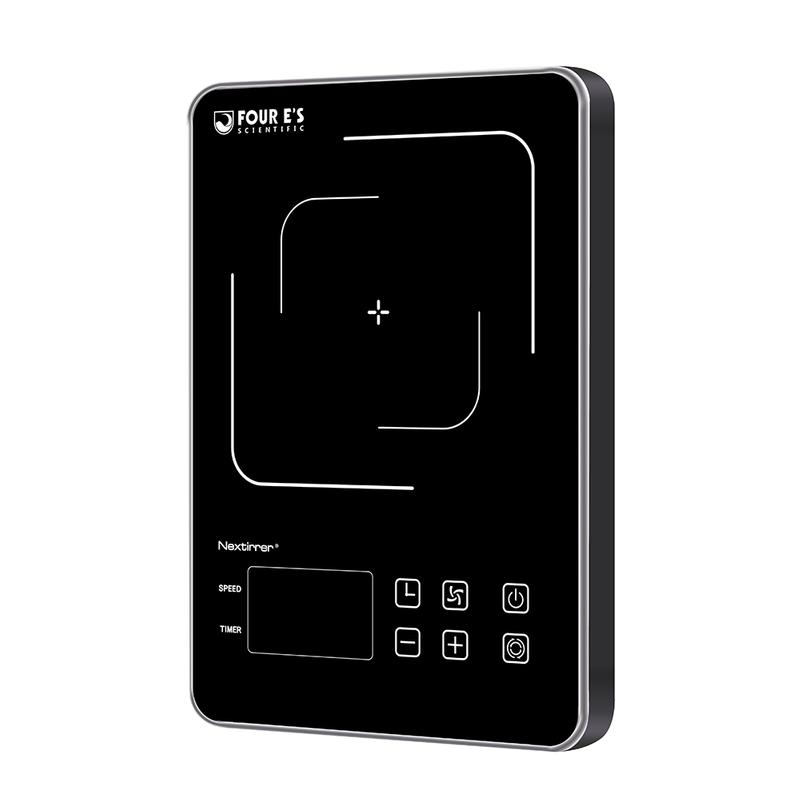 Black 4E's magnetic stirrer with a glass top, LED display, and touch controls, angled view.
