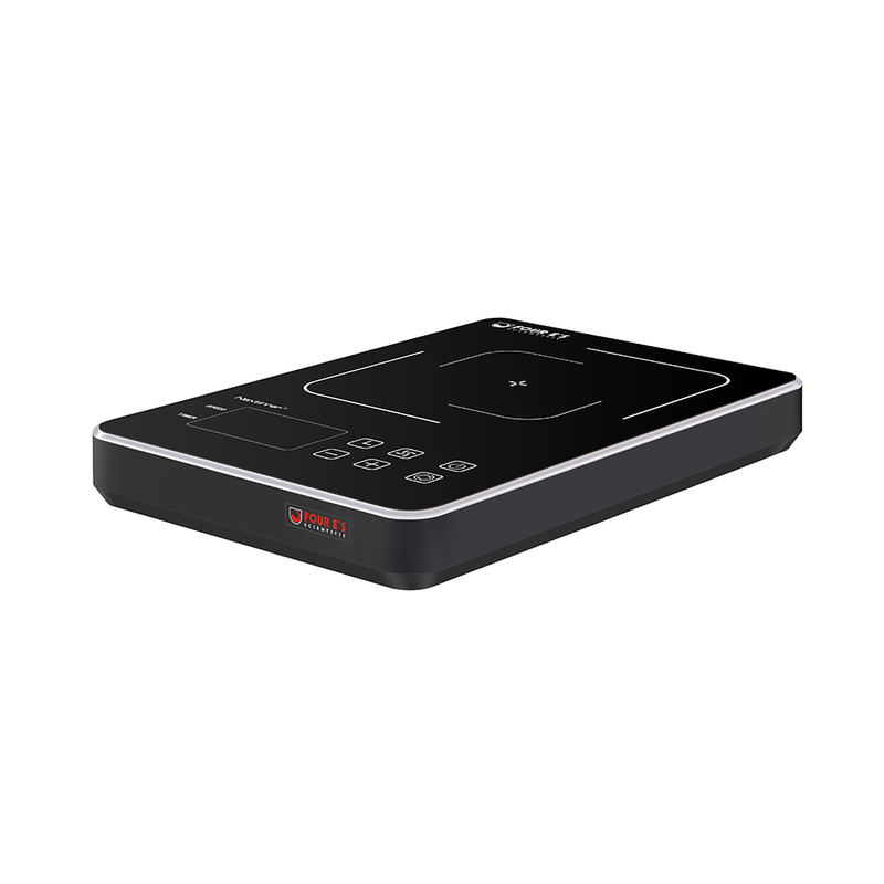 Black 4E's magnetic stirrer with glass top, digital LED display, and touch controls, angled.