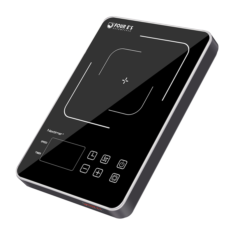 Angle view of a black 4E's magnetic stirrer with a digital LED display and touch controls on a glass top.