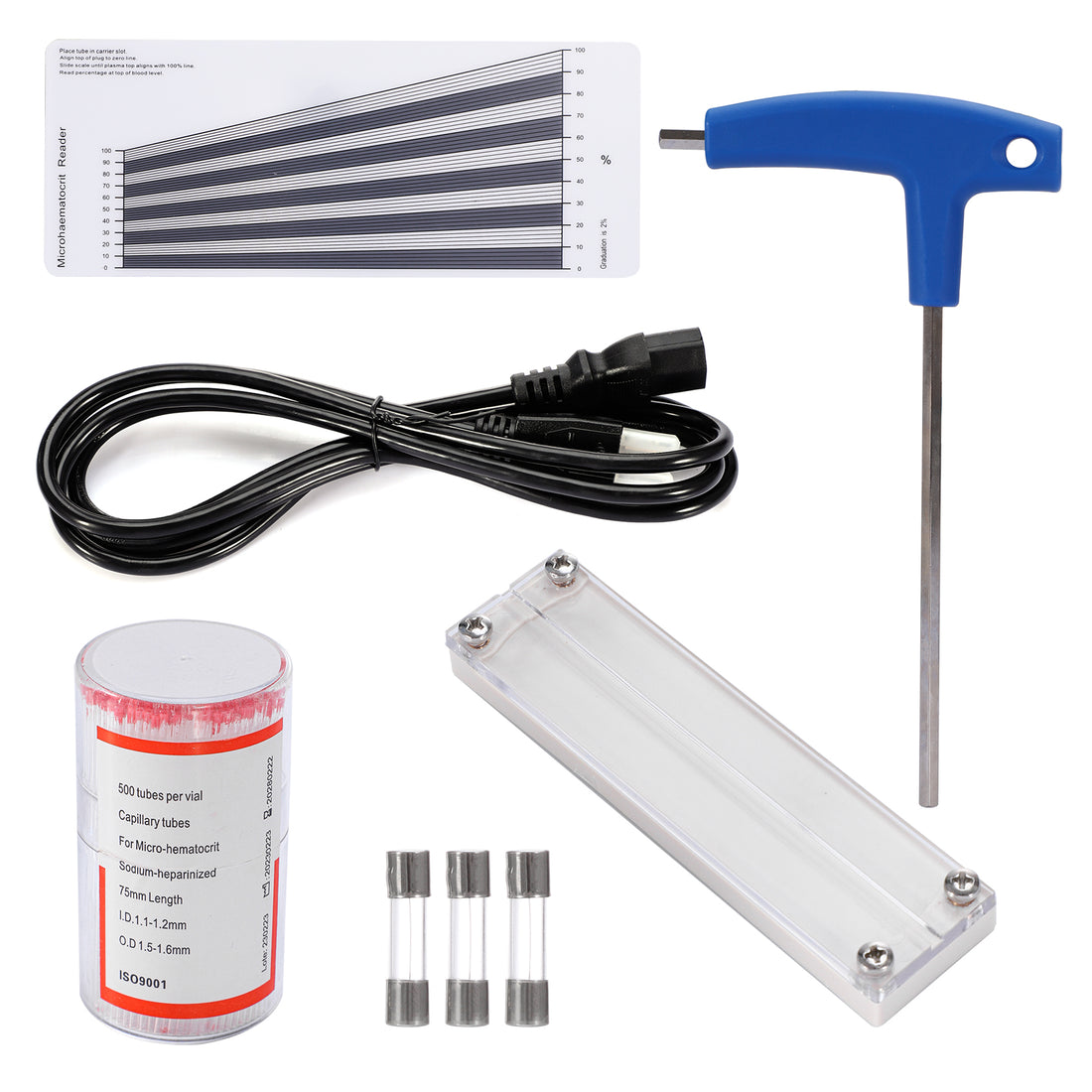 Accessories for hematocrit centrifuge: reader card, power cord, T-wrench, capillary tubes, block, and fuses.