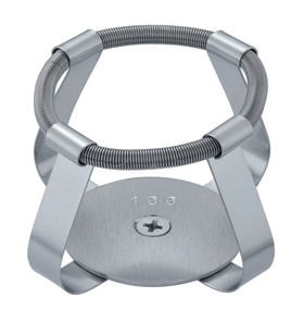 Silver metal 100mL flask fixing clip with circular base, spring ring, and Phillips screw.