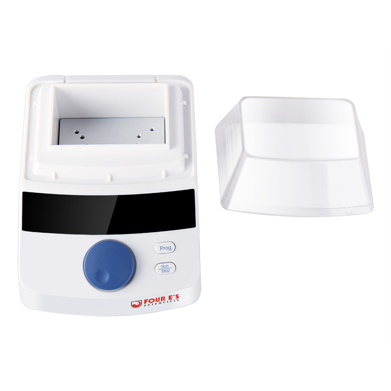 A 4E's Mini Dry Bath Incubator with a white base, black display, blue control knob, and a detachable lid beside it.