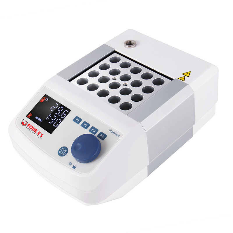 White and silver 4E's dry bath incubator angled with digital display and heating block.