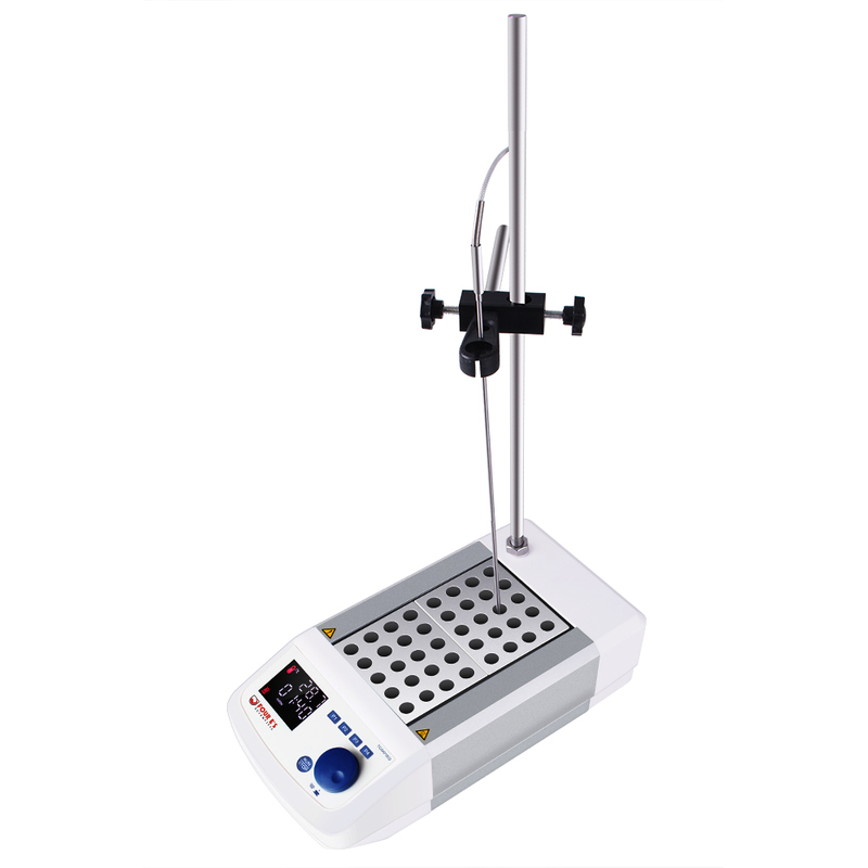White and gray 4E's dry bath incubator with dual aluminum blocks, digital display, control dial, and temperature probe.