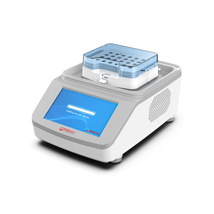 A white and grey 4E's thermo mixer with a blue display screen and tube block.