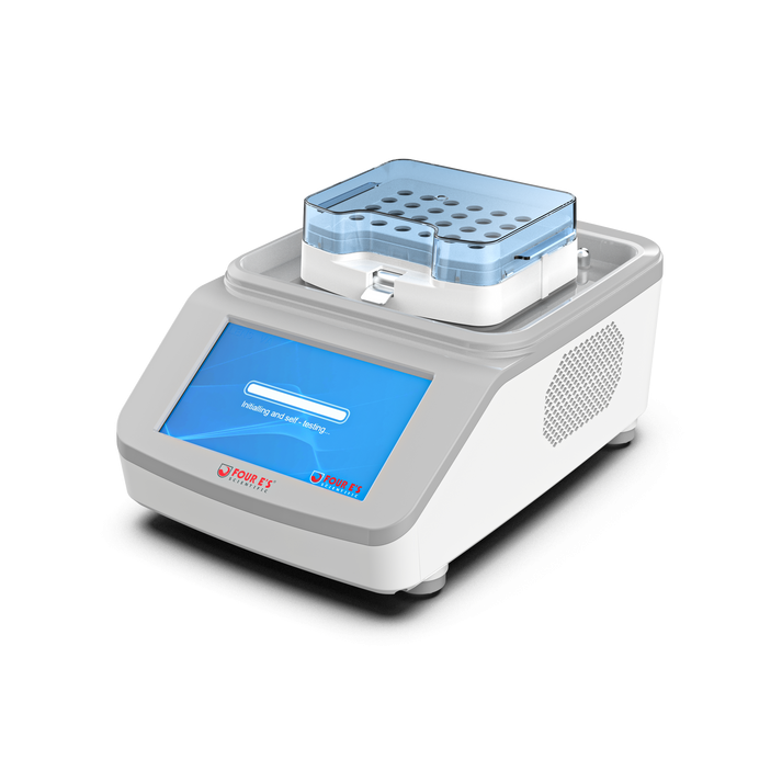 White and grey 4E's heat cool incubator with a blue display screen and clear-topped sample block.