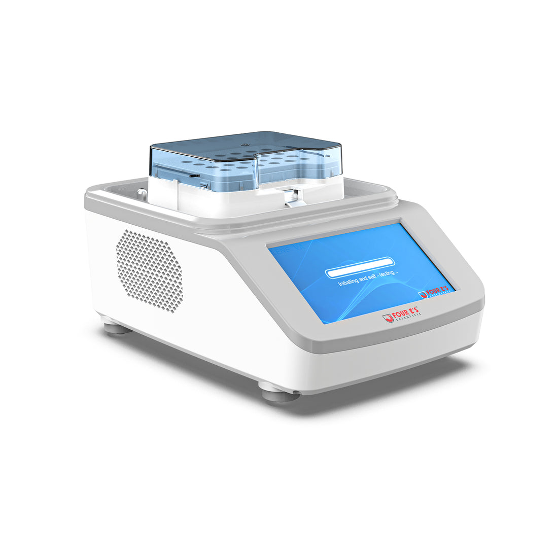 White and grey 4E's heat cool incubator with a blue digital screen and a 24x1.5ml sample block on top.