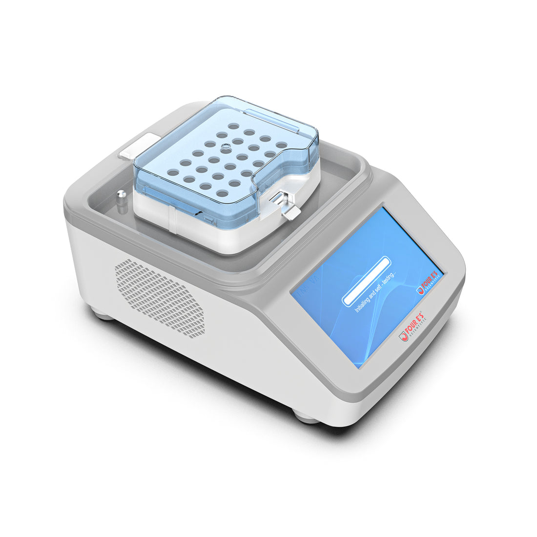 White and grey 4E's heat cool incubator with a blue touchscreen and a 24-well sample block.