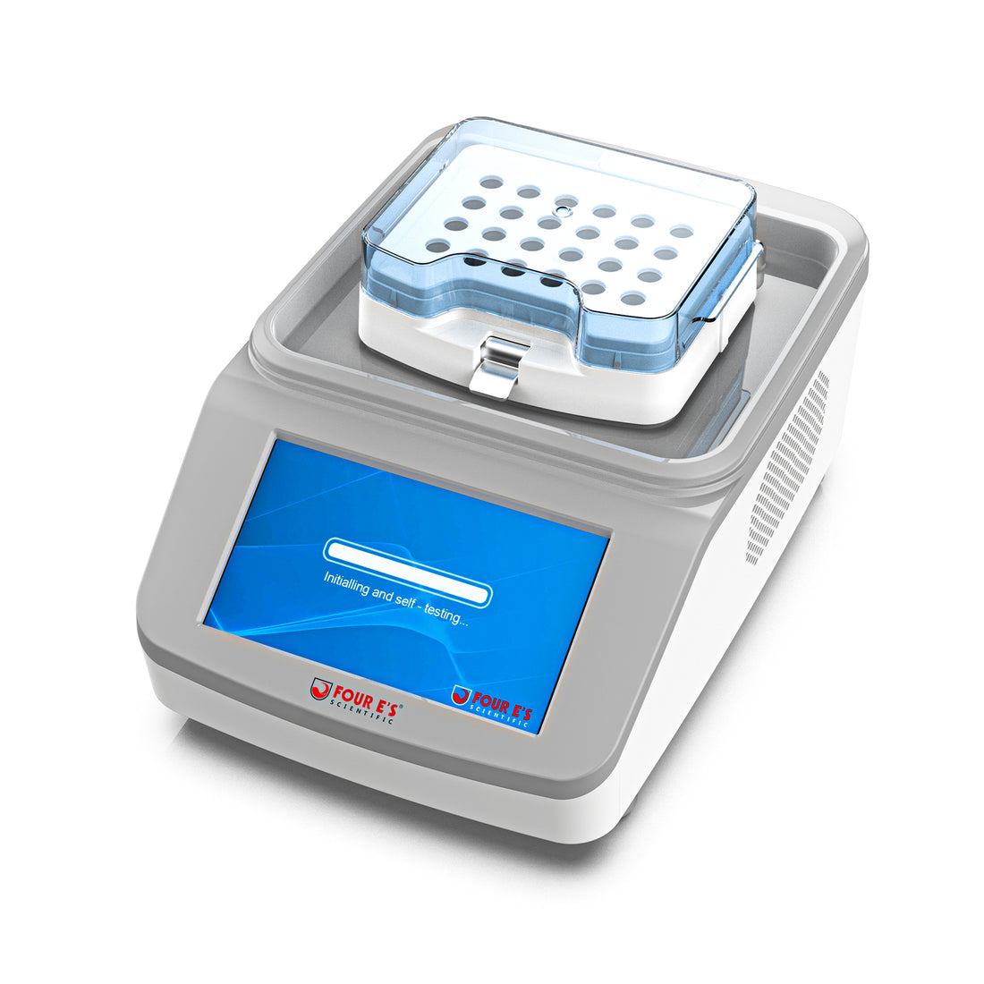 A white and grey 4E's heat cool incubator with a blue touchscreen and a 24x1.5mL block.
