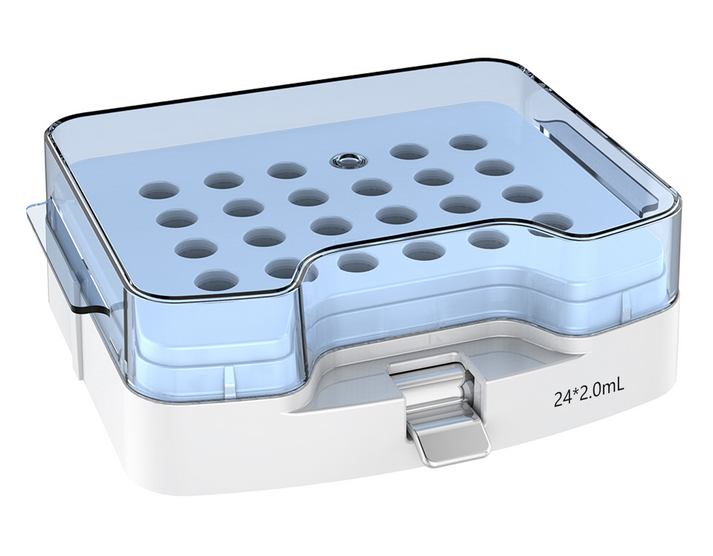 White and clear plastic thermo mixer block with a light blue insert holding twenty-four 2.0mL tubes.