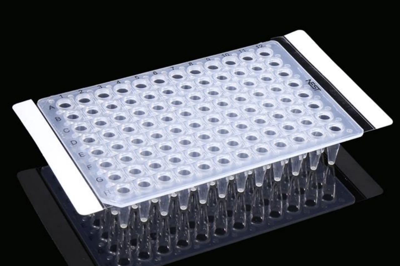 Clear plastic 96-well PCR plate with conical wells on a reflective black surface.