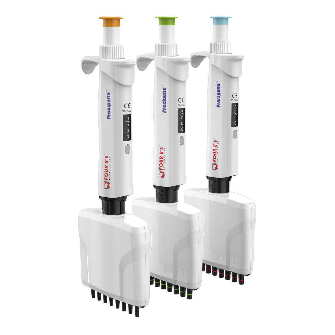 Three white 4E's Precipette 8-channel adjustable volume pipettes with orange, green, and blue plungers.