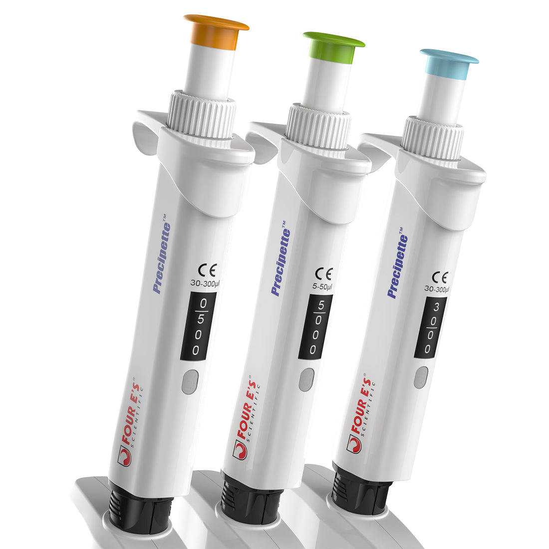 Three white 4E's Precipette adjustable volume pipettes with orange, green, and blue plungers.