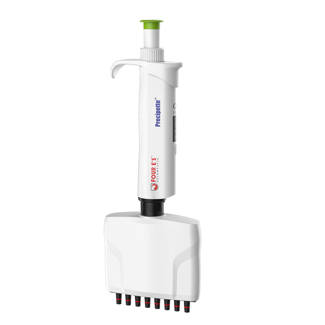 White 4E's Precipette 8-channel adjustable volume pipette with green plunger, viewed vertically.