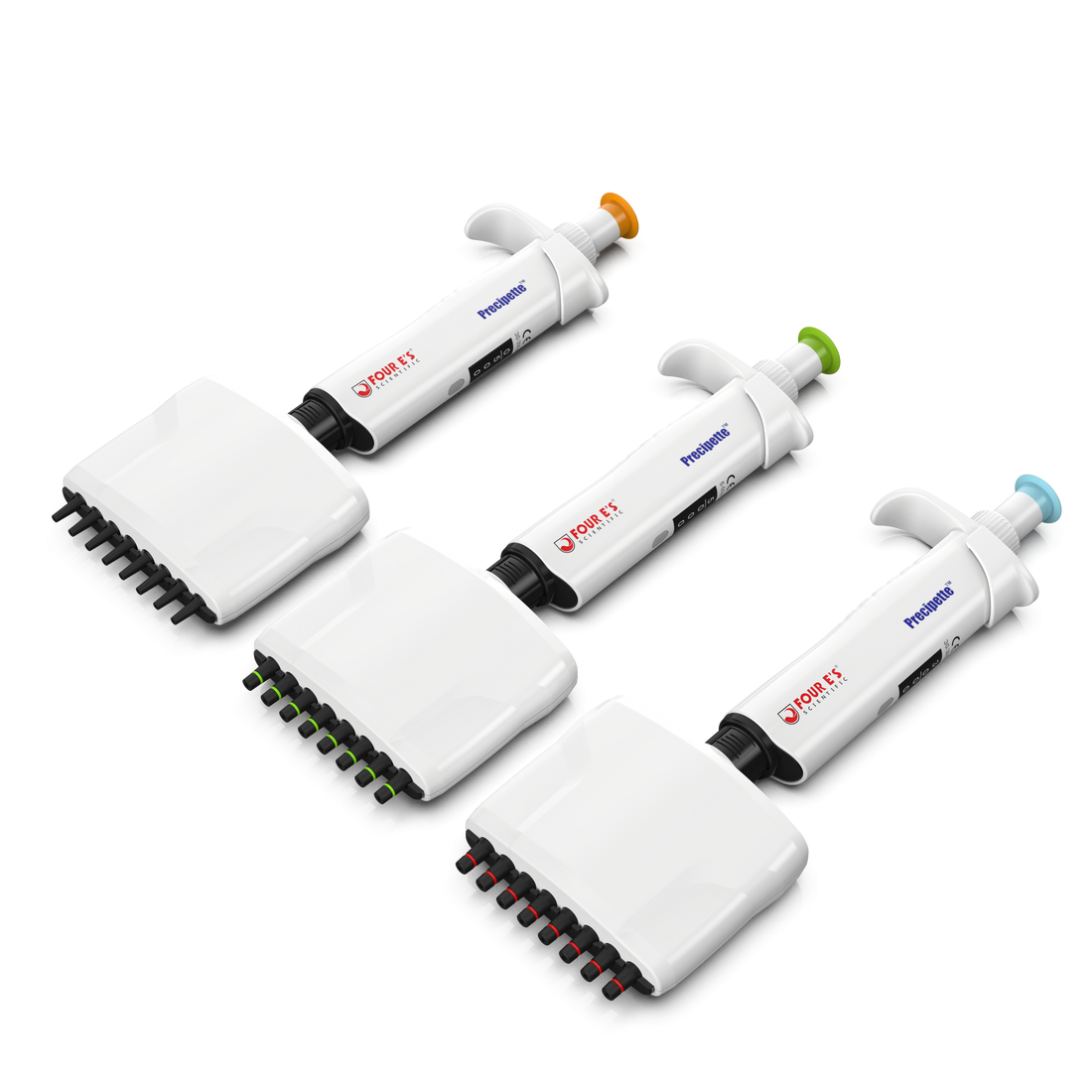Three white 4E's Precipette 8-channel adjustable pipettes with orange, green, and blue plungers.