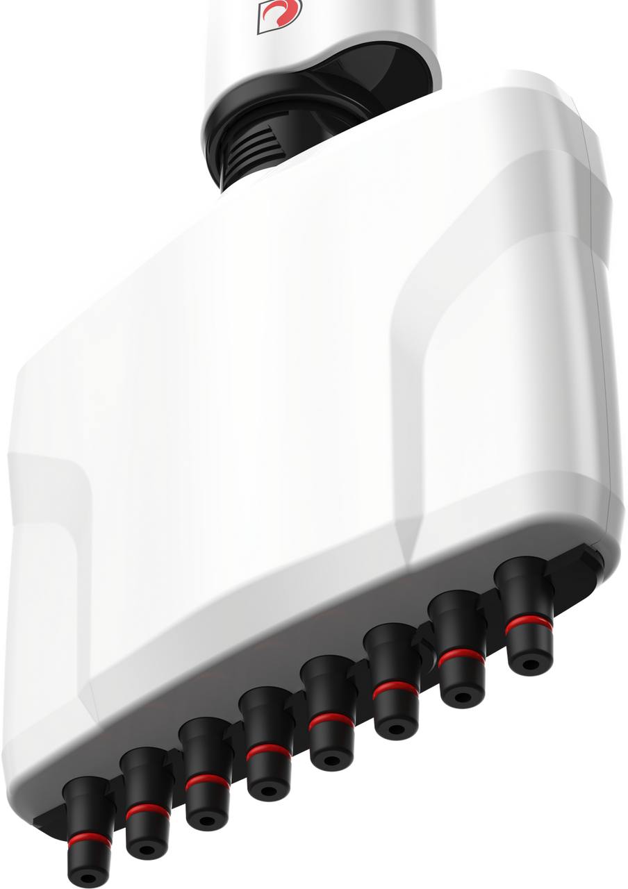 Low-angle view of the white 4E's 8-channel adjustable pipette showing black nozzles with red O-rings.