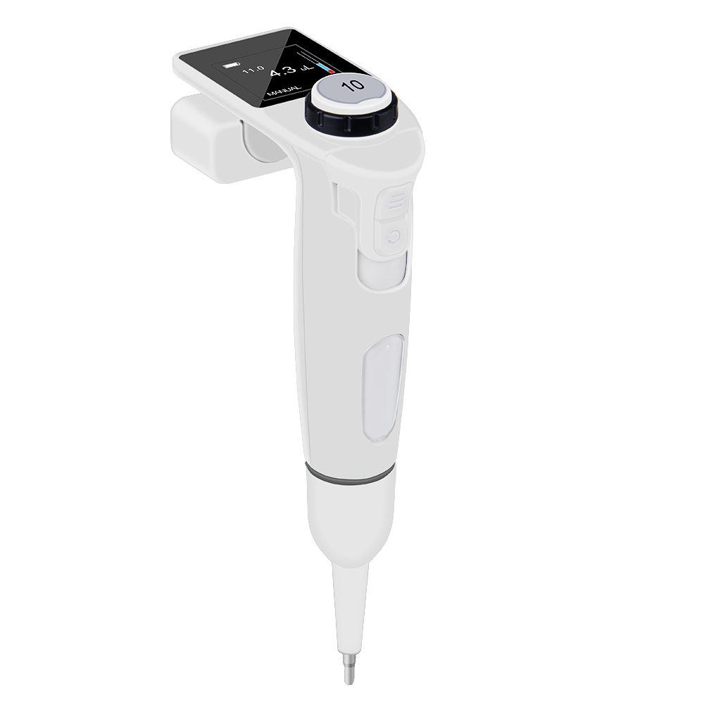 A white electronic pipette shown at an angle, featuring a digital display screen and a control dial at the top.