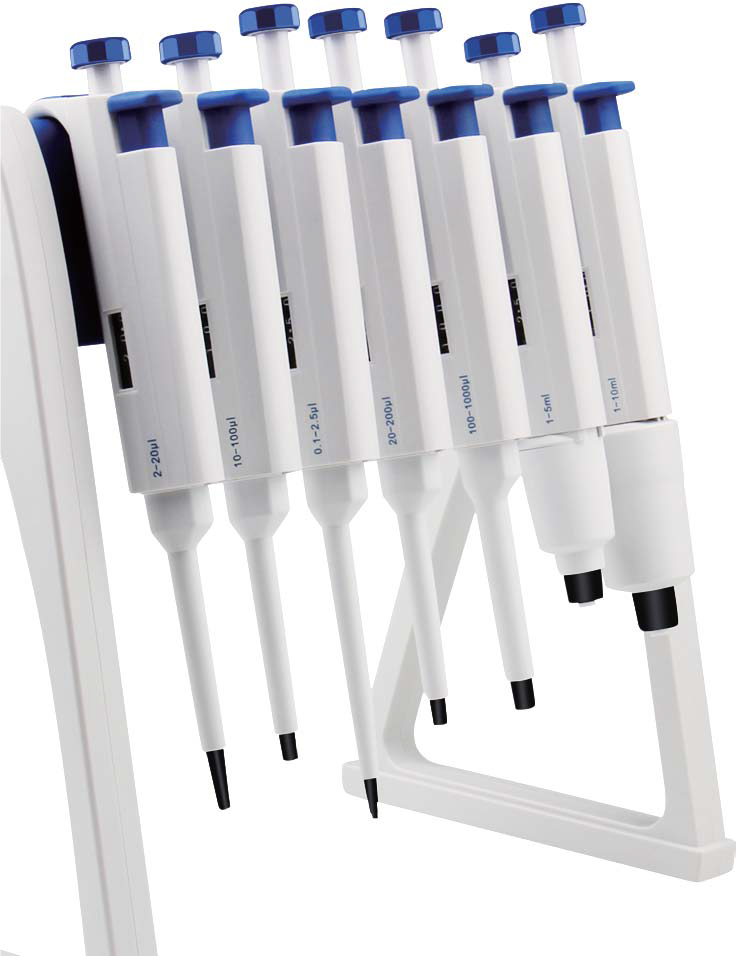 A stand holding seven white and blue 4E's single-channel adjustable volume pipettes.