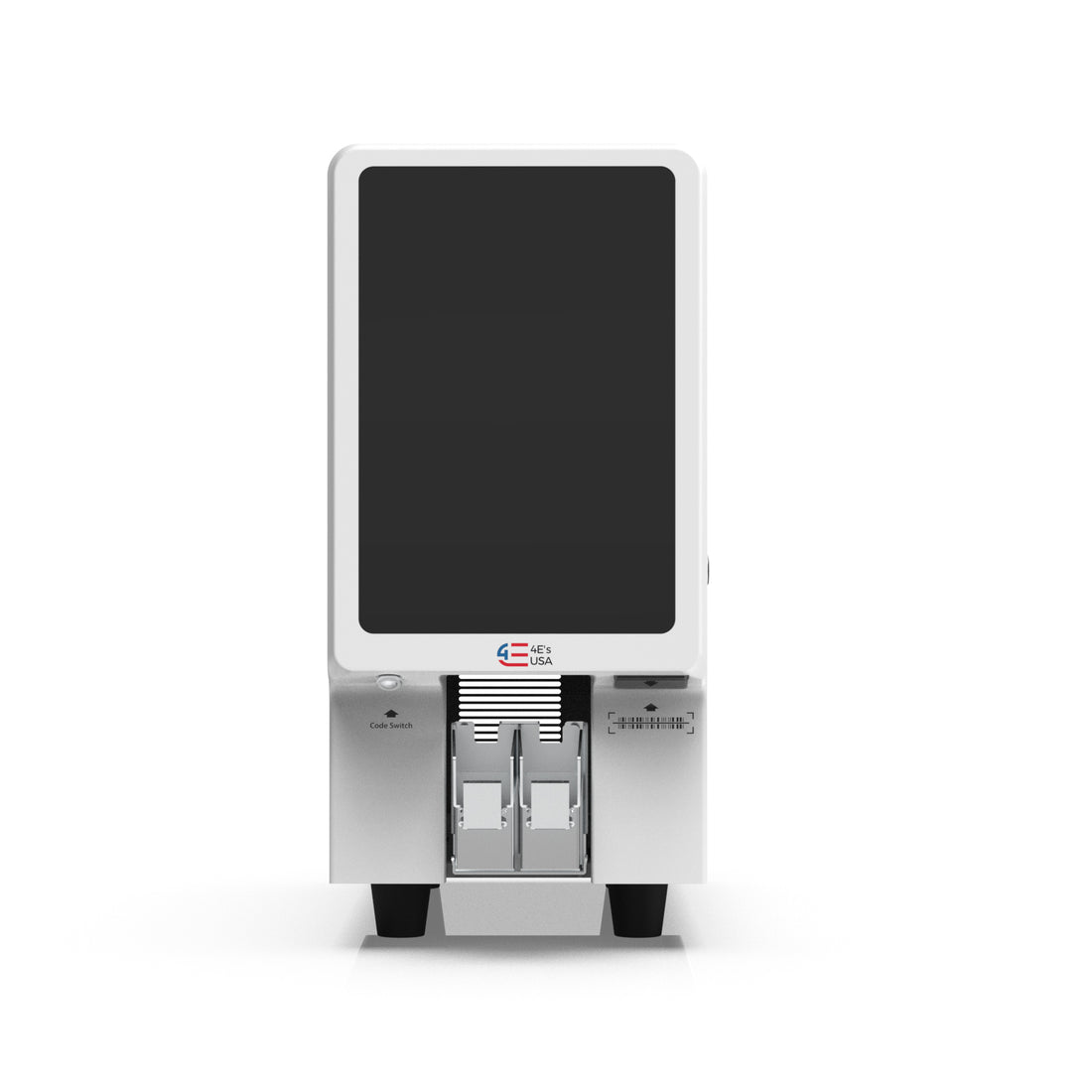 Front view of a white 4E's ultraviolet laser slide printer with dual hoppers and a large touchscreen.