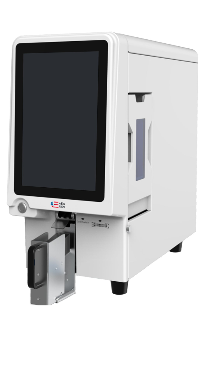 White 4E's ultraviolet laser slide printer with a large vertical touchscreen and dual hopper, viewed from a