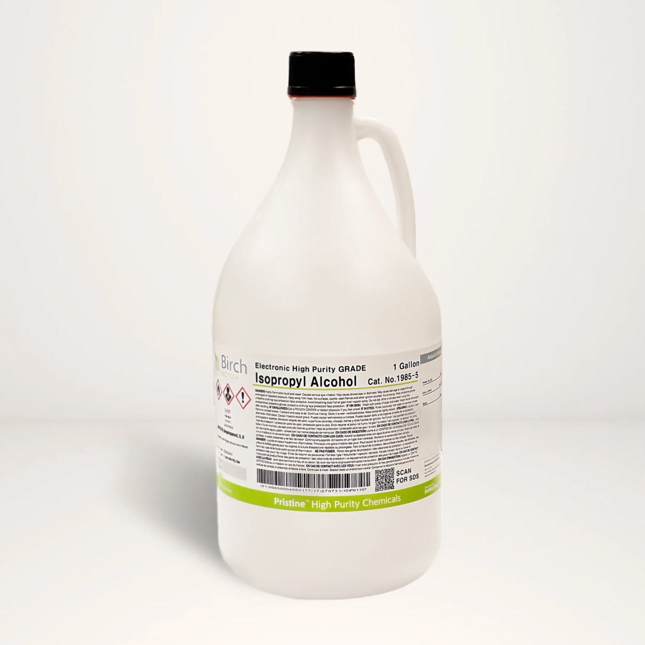 A one-gallon white plastic jug of Birch Biotech Isopropyl Alcohol with a black cap.