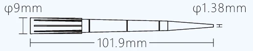 Technical drawing of a pipette tip with dimensions: 101.9mm long, 9mm wide at the top, and 1.38mm at the tip.