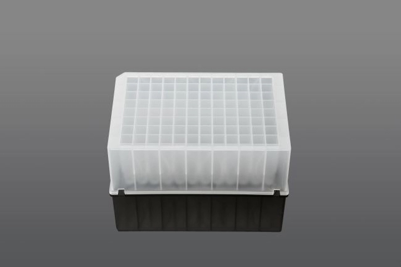 NEST Scientific 96-well deep well plate with clear square wells and black base.