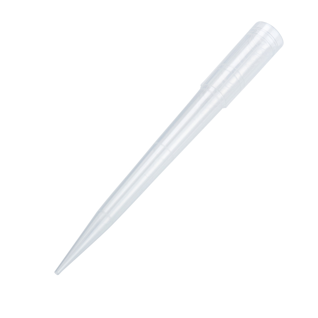 Clear 1000uL plastic pipette tip viewed diagonally on a white background.
