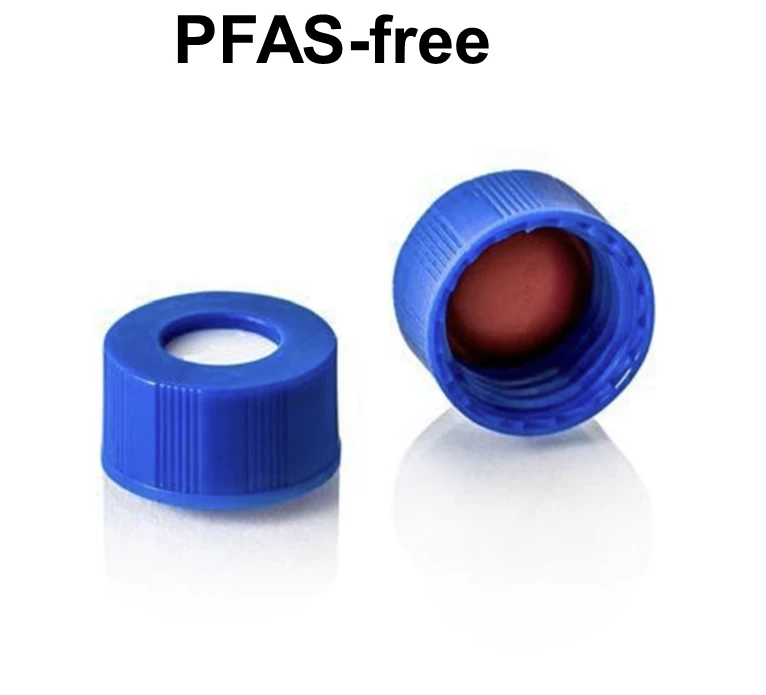 Two blue open-top autosampler vial screw caps with red septa lining, on a white background.