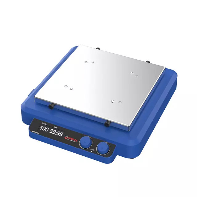 Blue laboratory orbital and linear shaker with a square metal platform, digital display, and two control knobs.