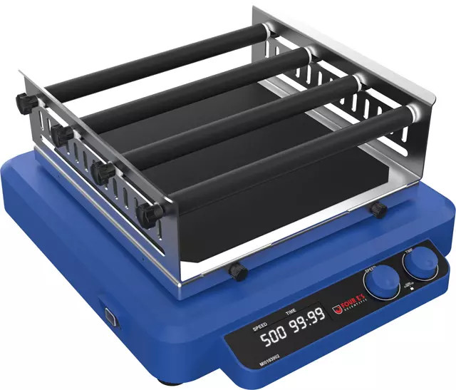 Blue digital orbital and linear shaker with a metal four-bar universal attachment.