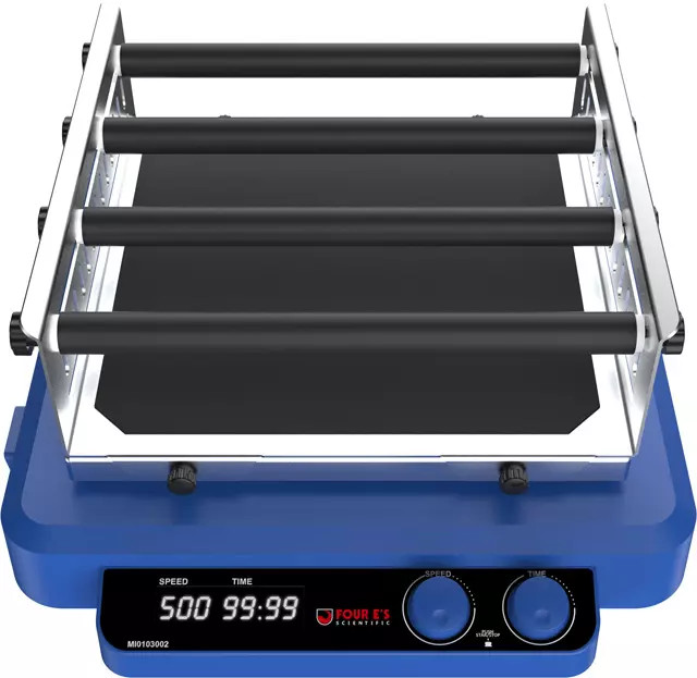 Blue lab orbital shaker with digital display, black platform, and four adjustable metal/rubber attachment bars.