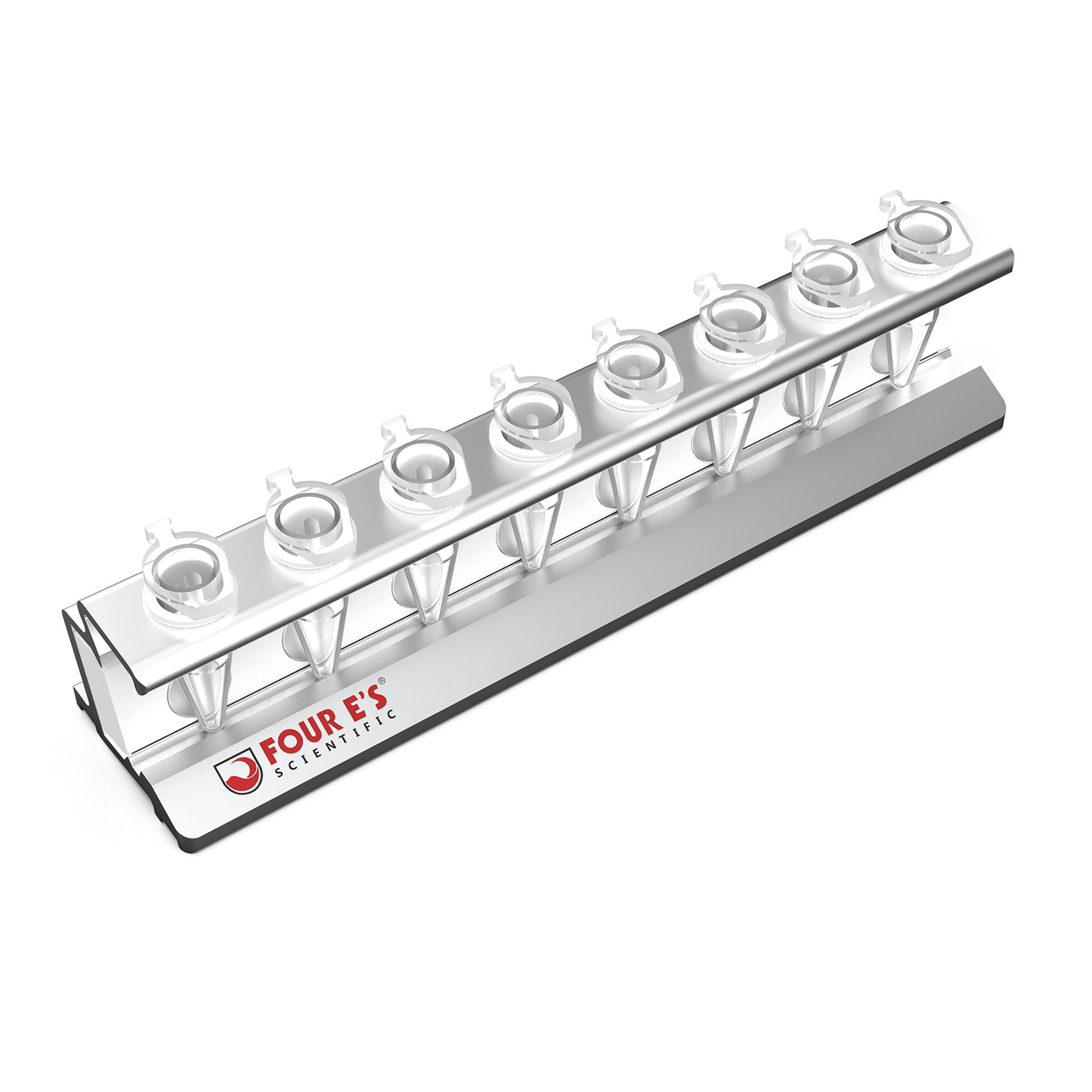 Silver anodized aluminum magnetic separation rack holding eight 1.5ml tubes with the Four E's logo.