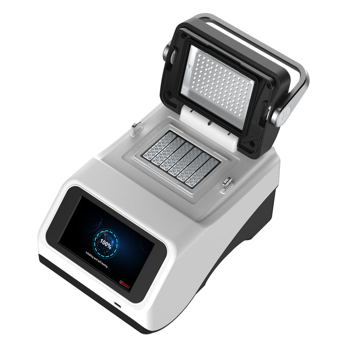High-angle view of the white and black Gradient PCR Thermal Cycler with an open lid, showing a 96-well block and touchscreen.