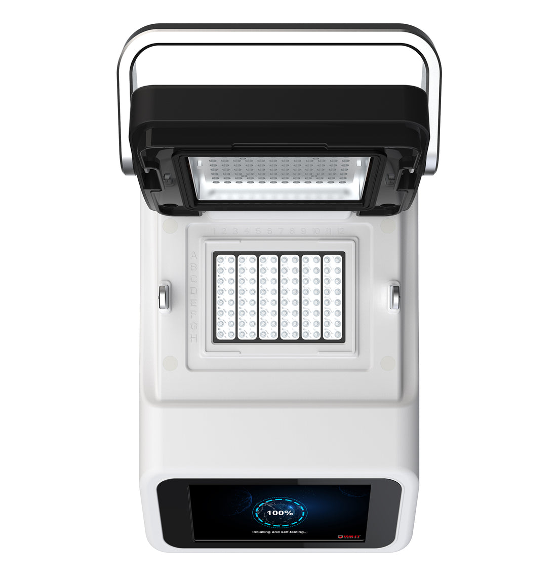 Top-down view of 4E's Gradient PCR Thermal Cycler with open lid, loaded 96-well plate, and active touchscreen.