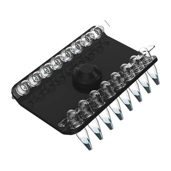 A black PCR 8-strip rotor filled with clear microtubes containing blue liquid, viewed at an angle.