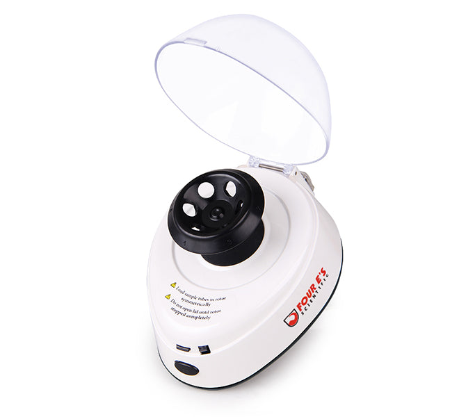 White 4E's mini centrifuge with open clear plastic lid and black rotor, angled view.
