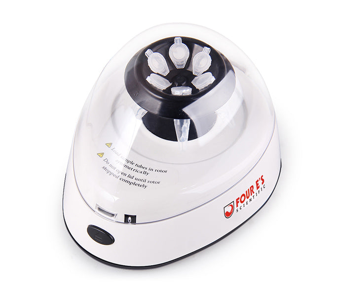 White 4E's mini centrifuge with a clear dome lid holding six sample tubes.