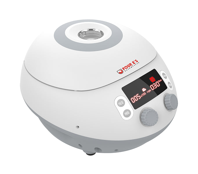 White and grey 4E'S high-speed centrifuge with digital display, control knobs, and top lid window.