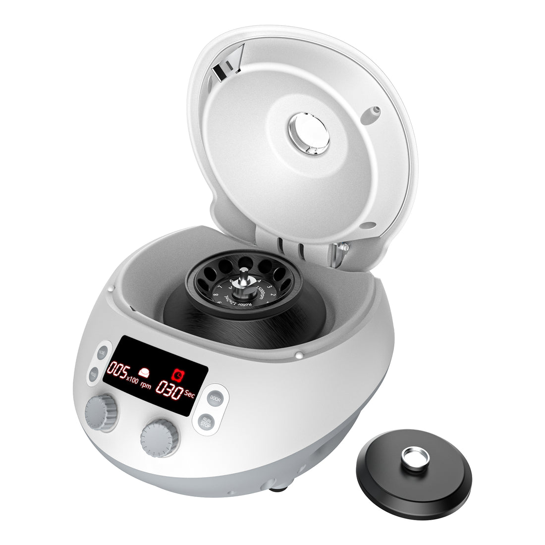 White 4E's high-speed centrifuge with open lid, LED display, 12-place rotor installed, and separate lid.