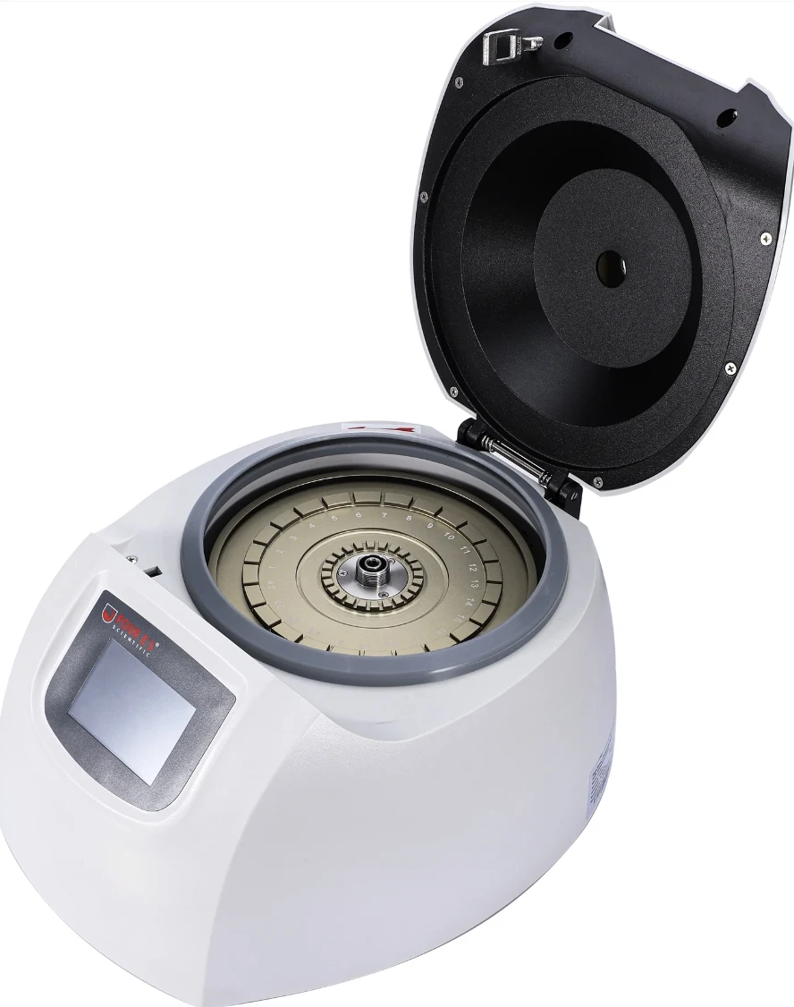 White and grey 4E's hematocrit centrifuge with open lid revealing a 24-place rotor and touch screen.