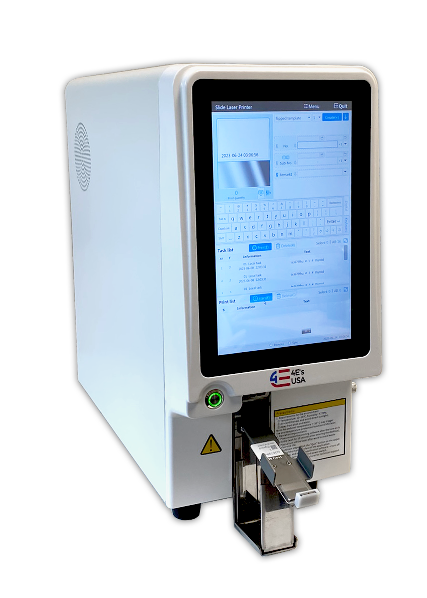 White 4E's UV tissue cassette printer with a 10-inch touch screen and output tray.