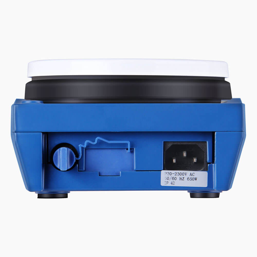 Rear view of blue 4E's magnetic stirrer showing power inlet, temperature sensor port, and specification label.