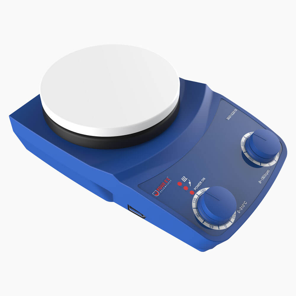 Blue 4E's analog hotplate magnetic stirrer with a white ceramic-coated round plate and two control knobs.