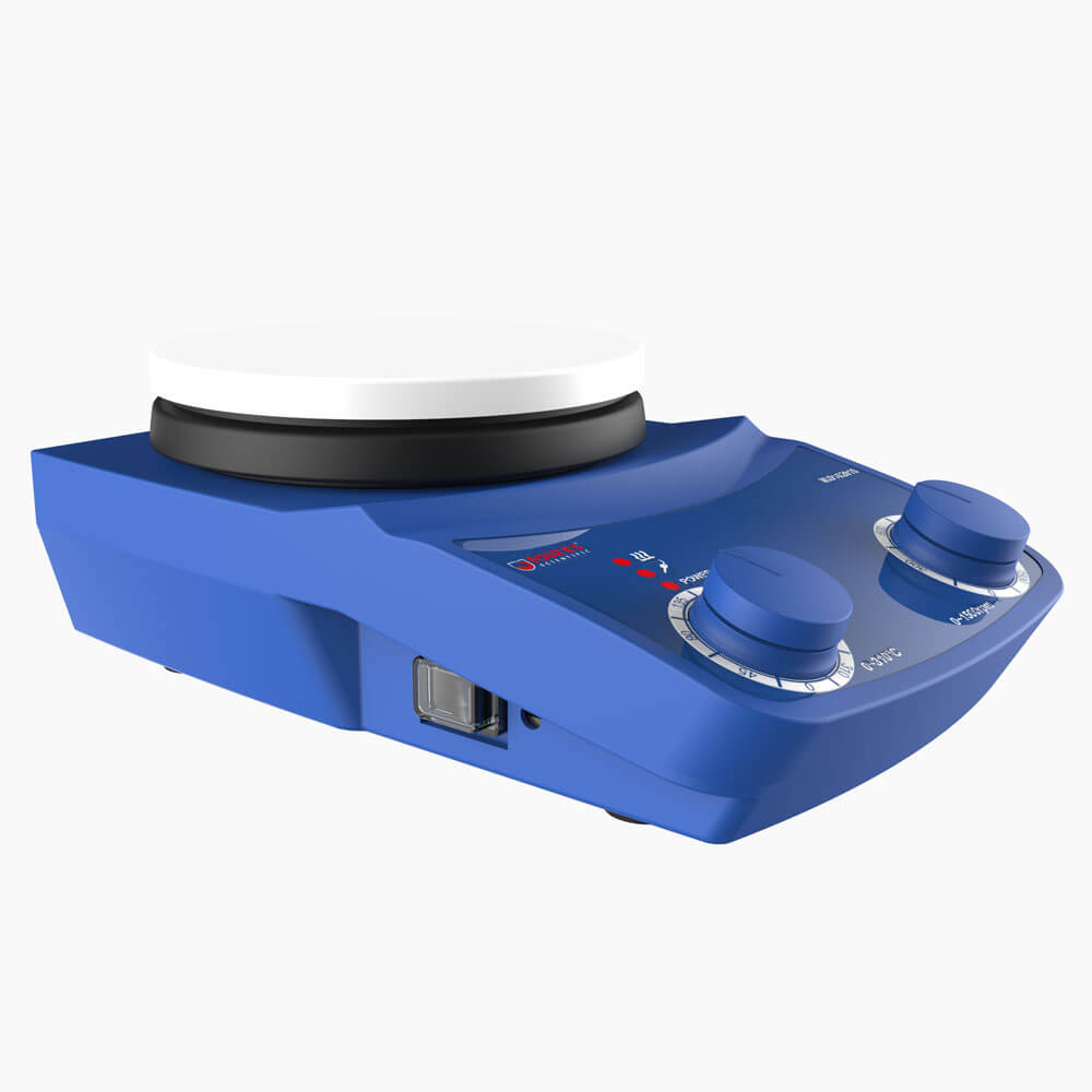 Blue analog hotplate magnetic stirrer with a white ceramic-coated top plate and two control knobs, viewed from an angle.