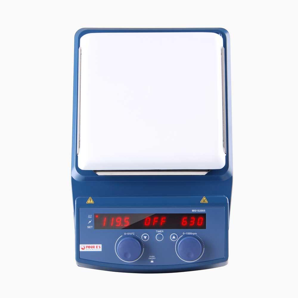 Blue and white 4E's LED hotplate magnetic stirrer with control knobs and digital display viewed from above.