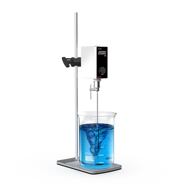 A white digital overhead stirrer on a metal stand, mixing blue liquid in a large glass beaker.