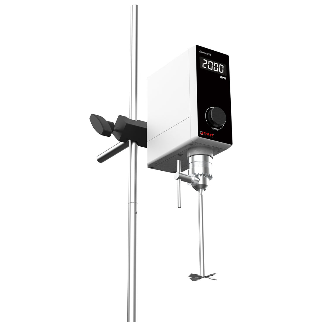A white and black 4E's overhead stirrer mounted on a metal stand, displaying 2000 RPM on its digital screen with a