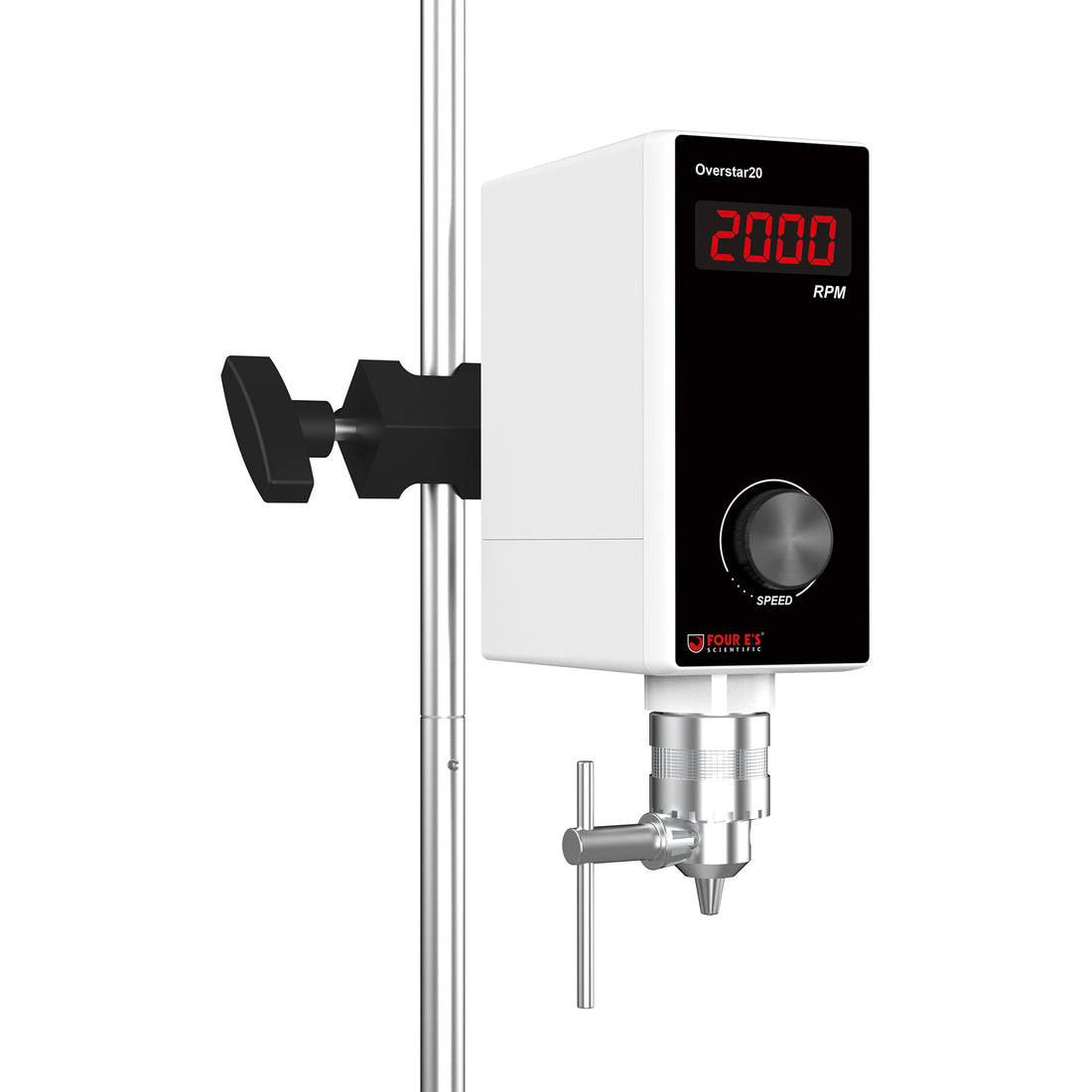 White 4E's Overhead Stirrer attached to a silver metal stand with a digital display showing 2000 RPM.