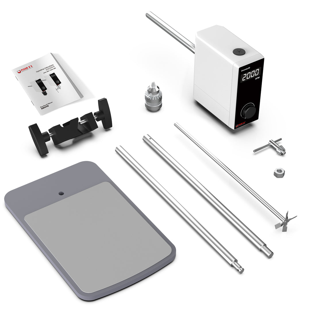 Overhead stirrer kit with white digital motor, stand base, rods, and impeller.
